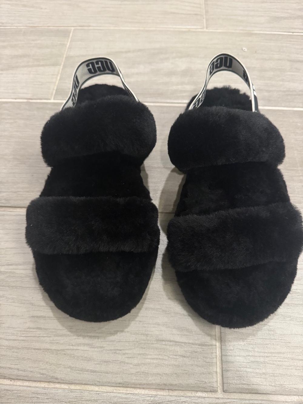 UGG Black Fuzzy Double-Band Slide with Branded Sling